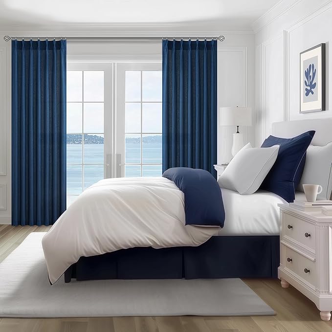 Thick Linen Denim Blue Viral Sheer Curtains 96 Inches Long for Bedroom 2 Panels Set, Pinch Pleat Light Filtering Aesthetic Drapes with Back Tab Ceiling Track for Boys Room Decor Curtain 96 Inch Length