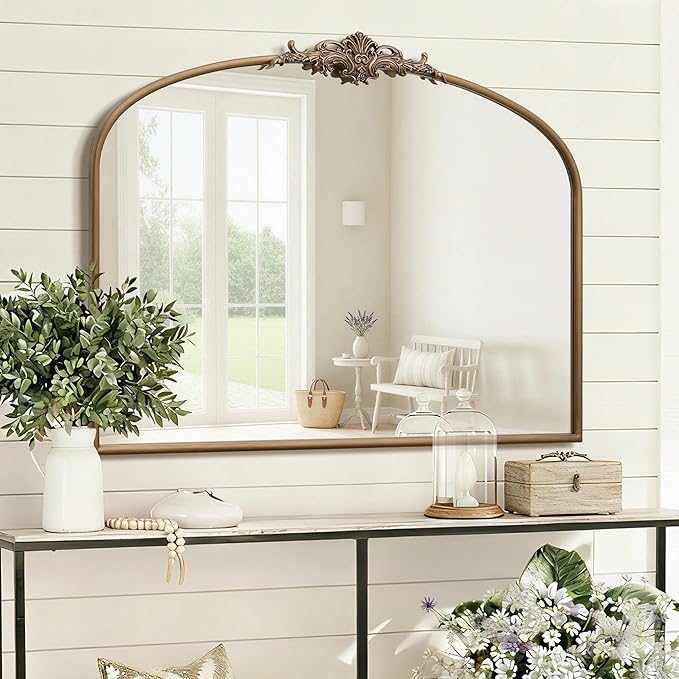 Besdomus Vintage Arched Gold Mirror: 40"x29" French Large Matt Gold Antique Wall Mounted Mirror - Baroque Traditional Ornate for Entryway/Fireplace/Bathroom/Hallway - Home Decor for Fashion-Conscious