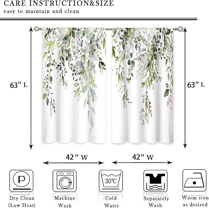 Sage Green Eucalyptus Leaves Window Curtains Flower Watercolor Floral Botanical Plant Wildflower Farmhouse Curtain Drapes Herb Curtains for Bedroom Living Room Treatment 2 Panels 42Wx63H Inch