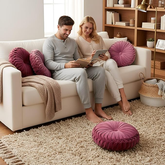 Drydiet 2 Pcs Round Throw Velvet Pillows Decorative Pleated Throw Pillows 15'' Diameter Accent Pumpkin Boho Chair Cushion for Couch Sofa Home Decoration (Dusty Rose)