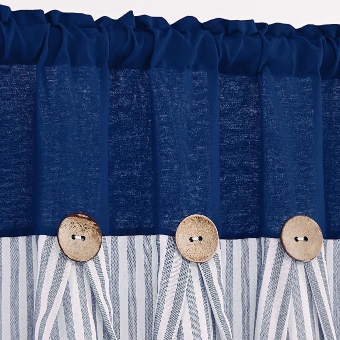 ASPMIZ Farmhouse Cotton Linen Swag Valances for Windows, Boho Rustic Kitchen Curtains Valances with Buttons, Blue Striped Window Treatments Curtain Valance for Bathroom Cafe, 61 x 36 Inch, 1 Panel