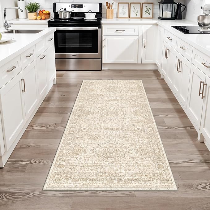 3x6 Washable Entryway Runner Rug – Non-Slip Wide Carpet Runner for Kitchen Hallway Bathroom, Neutral Vintage Distressed Low Pile Indoor Door Mat (Ivory Beige)