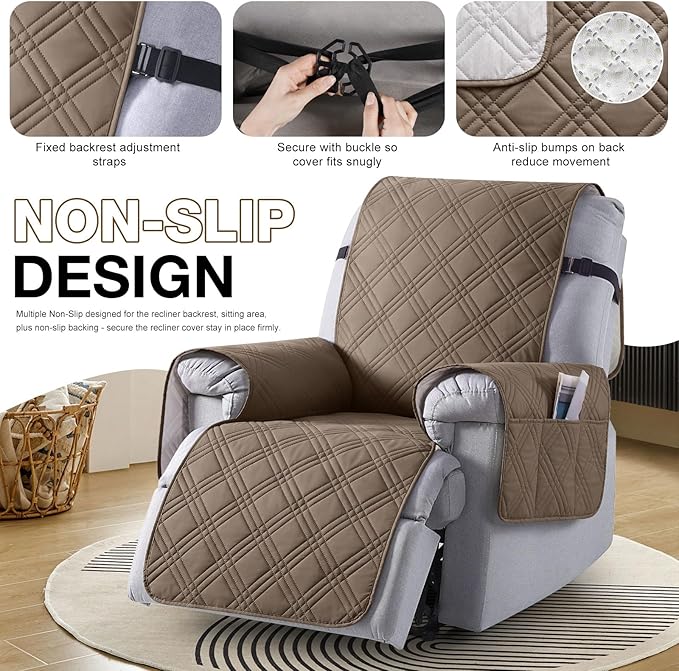 TAOCOCO 100% Waterproof Recliner Chair Covers, Non Slip Recliner Covers for Recliner Chair with Pocket, Washable Reclining Chair Cover Furniture Protector for Kids,Dogs(25'', Taupe)