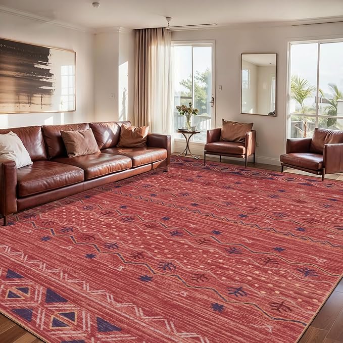 SERISSA 8x10 Area Rugs for Living Room, Washable Non-Slip Red Ochre Boho Rug, Soft Low-Pile Geometric Indoor Large Carpet for Dining Room Bedroom Home Office Playroom