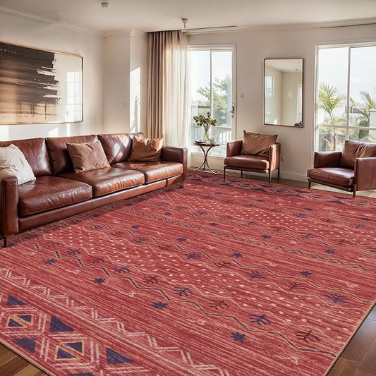 SERISSA 8x10 Area Rugs for Living Room, Washable Non-Slip Red Ochre Boho Rug, Soft Low-Pile Geometric Indoor Large Carpet for Dining Room Bedroom Home Office Playroom