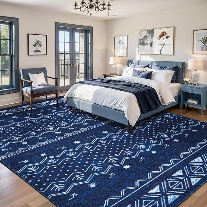 SERISSA 8x10 Area Rugs for Living Room, Washable Non-Slip Blue and White Boho Rug, Soft Low-Pile Geometric Indoor Large Carpet for Dining Room Bedroom Home Office Playroom