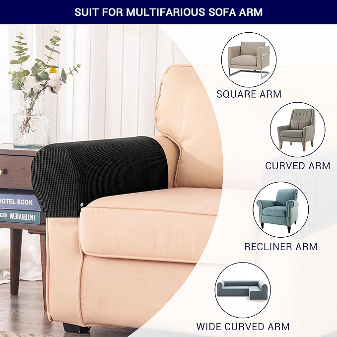 SUBRTEX Stretch Couch Arm Covers Set of 2, Checkered Sofa Arm Slipcovers, Anti-Slip Armrest Covers for Recliner and Armchairs, Pet Proof, High Stretchy, Hook & Loop Tape, Black