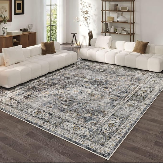 Rugcomf Living Room Rug 6x9 Rug Machine Washable Boho Soft Area Rug Non Slip Vintage Low Pile Large Rug for Living Room, Bedroom, Farmhouse, Dining Room, Kids Playroom(Grey)