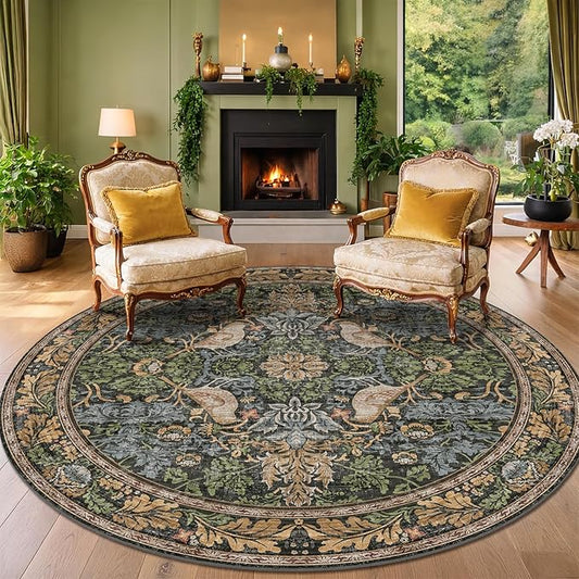 Washable Boho Round Rugs 8ft for Living Room, Ultra Soft Forest Large Circular Area Rugs for Bedroom, Dining Room Under Kitchen Table Non-Slip, Vintage Green Floral Round Floor Carpet Décor