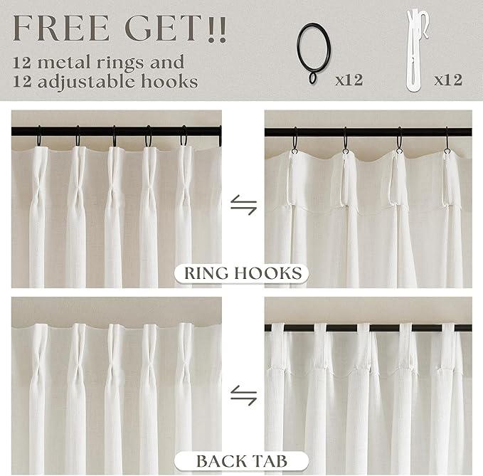 TWODRAPES 102 Inch Long Curtains Extra Wide 70 Inch Width Pinch Pleat Linen Curtains for Living Room Cream Light Filtering Privacy Pleated Hooks Rings Back Tab for Sliding Door 1 Panel