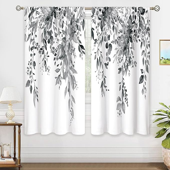 Grey Eucalyptus Botanical Leaves Floral Window Curtains Watercolor Black White Flower Plant Wildflower Farmhouse Curtain Drapes Herb Curtains for Bedroom Living Room Treatment 29Wx63H Inch
