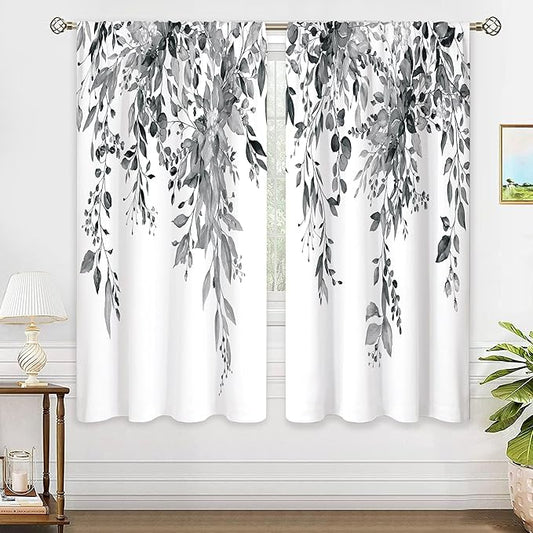 Grey Eucalyptus Botanical Leaves Floral Window Curtains Watercolor Black White Flower Plant Wildflower Farmhouse Curtain Drapes Herb Curtains for Bedroom Living Room Treatment 42Wx63H Inch