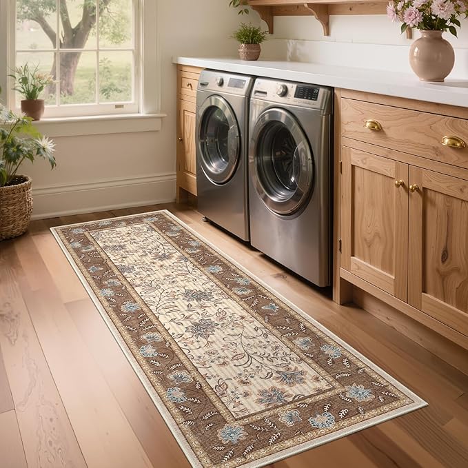 GarveeHome 2x6 Washable Runner Rug for Bedroom, Soft Botanical Floral Kitchen Runner with Non Slip Backing Brown Farmhouse Laundry Mat Stain Resistant Carpet for Hallway Bathroom Beside Rug