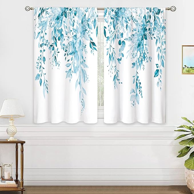 Blue Eucalyptus Botanical Leaves Floral Kitchen Window Curtains Over Sink Farmhouse Flower Spring Small Window Treatment Cafe Short Curtains for Bathroom Treatment Tier Drapes 26x36 inch