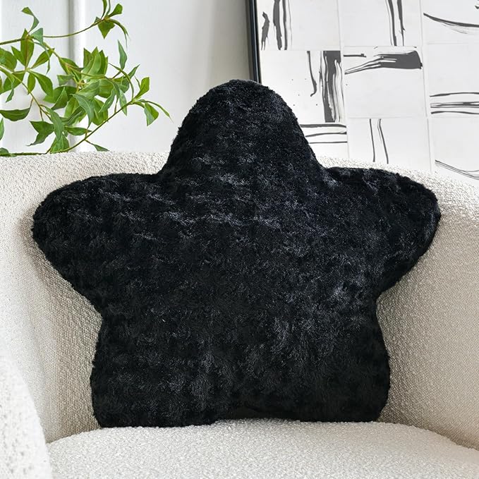 Star Pillow, 14.9" Star Shaped Plush Pillow for Couch Bed Sofa, Cute Decorative Throw Pillows with Soft Faux Fur Room Decor for Bedroom Living Room (Black)