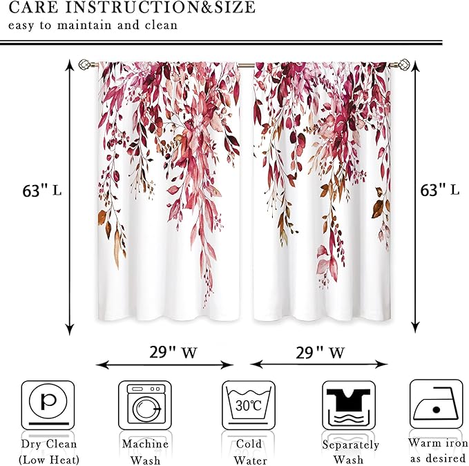 Burgundy Eucalyptus Leaves Window Curtains Rustic Watercolor Red Flower Floral Plant Botanical Farmhouse Curtain Drapes Herb Curtains for Bedroom Living Room Treatment 2 Panels 29Wx63H Inch