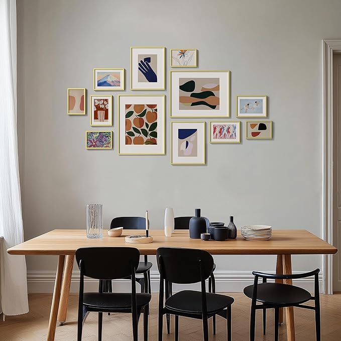 eletecpro Aluminum Gallery Wall Frame Set of 12, Including 2Pcs 11x14, 2Pcs 8x10, 4Pcs 5x7, 4Pcs 4x6 Photo Frames for Wall or Tabletop Display, Multiple Sizes Picture Frames Collage Wall Decor, Gold