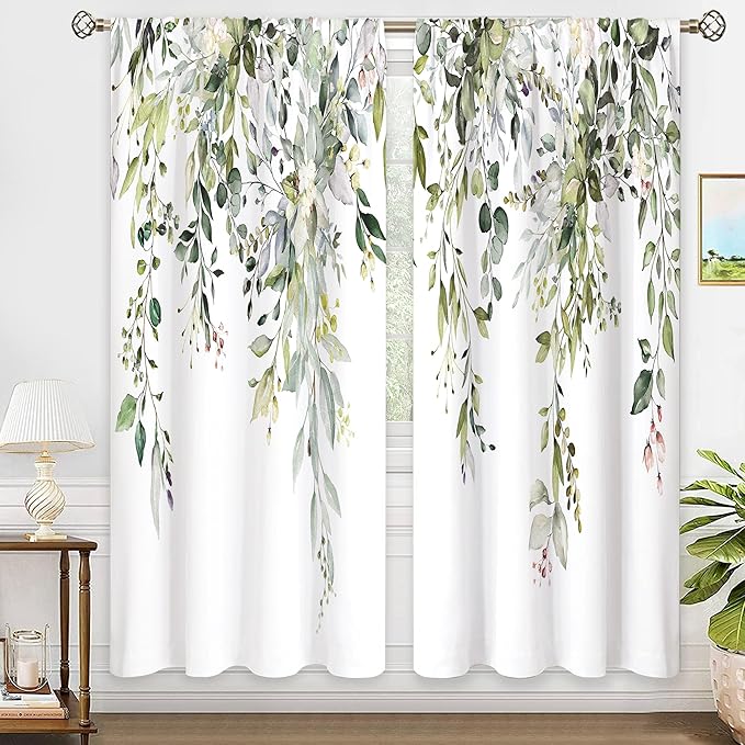 Sage Green Eucalyptus Leaves Window Curtains Flower Watercolor Floral BotanicalPlant Wildflower Farmhouse Curtain Drapes Herb Curtains for Bedroom Living Room Treatment 2 Panels 52Wx84H Inch
