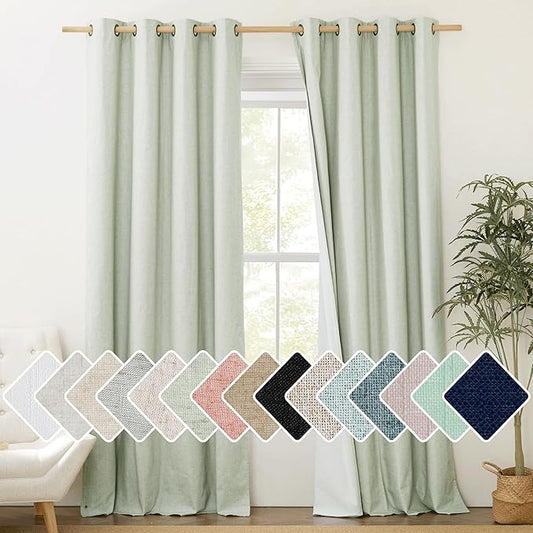NICETOWN Cold Reducing Full Blackout Sage Green Linen Curtains 108 inches Length with Thermal Insulated Liners, 2 Panels, 52 inches W, Farmhouse Style Keep Warm Large Window Draperies for Hall