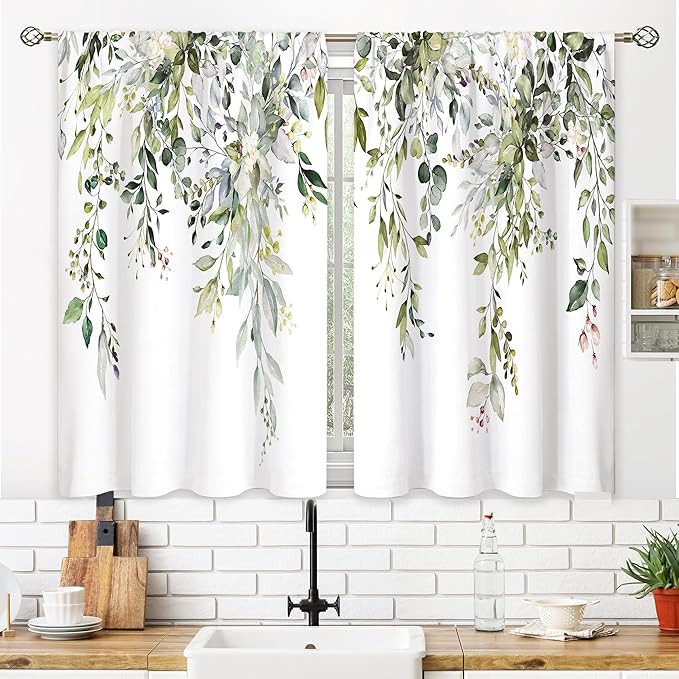 Eucalyptus Botanical Leaves Floral Kitchen Window Curtains Over Sink Farmhouse Flower Leaf Small Window Treatment Sage Green Cafe Short Curtains for Bathroom Treatment Tier Drapes 26x45 inch