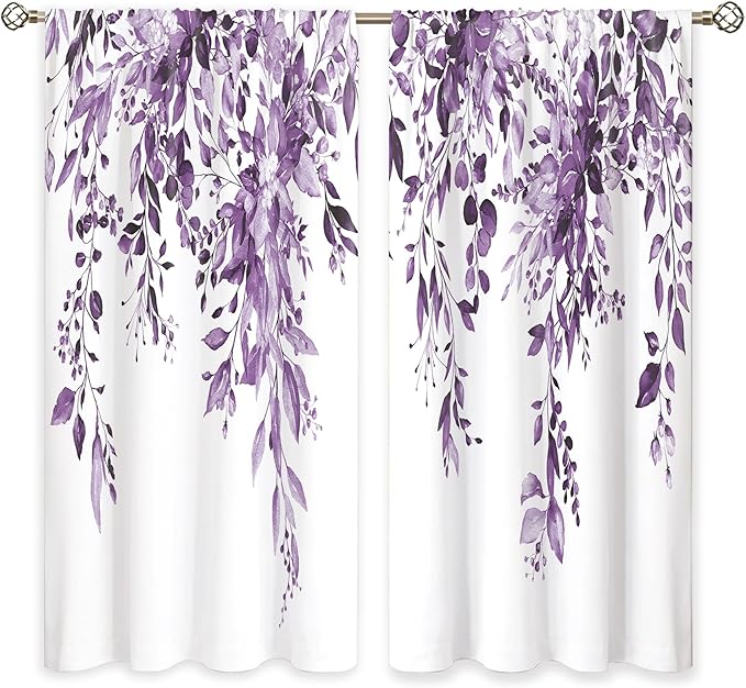 Purple Eucalyptus Botanical Leaves Floral Window Curtains Watercolor Flower Plant Wildflower Farmhouse Rustic Curtain Drapes Herb Curtains for Bedroom Living Room Treatment 42Wx45H Inch