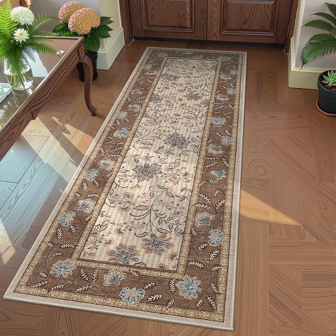 GarveeHome 2x6 Washable Runner Rug for Bedroom, Soft Botanical Floral Kitchen Runner with Non Slip Backing Brown Farmhouse Laundry Mat Stain Resistant Carpet for Hallway Bathroom Beside Rug