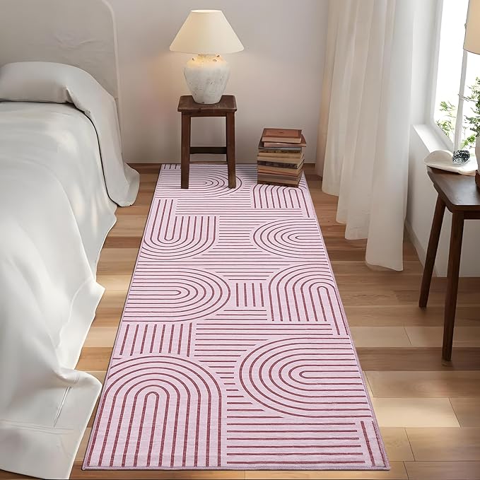 ROYHOME Modern Rug 2x6 Runners for Hallways, Abstract Kitchen Runner Rugs Non Slip Bath Runner, Rainbow Washable Runners Rug for Bedroom, Soft Long Rugs for Entryway Bathroom Laundry Dorm, Pink