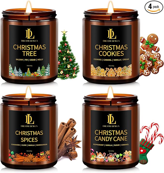 Holiday Candle Set, Scented Candle for Home, 4 Pack Soy Candles Gifts for Women Men, Scents of Christmas Tree/Cookies/Spices/Candy Cane