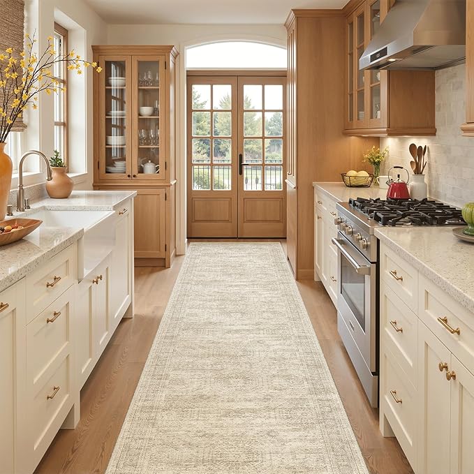 Soalmost Runner Rug 3x12 Washable Non-Slip Hallway Runner Rugs for Kitchen Bathroom Laundry Room Beige Vintage Floor Carpet Runners for Hallways Entryway