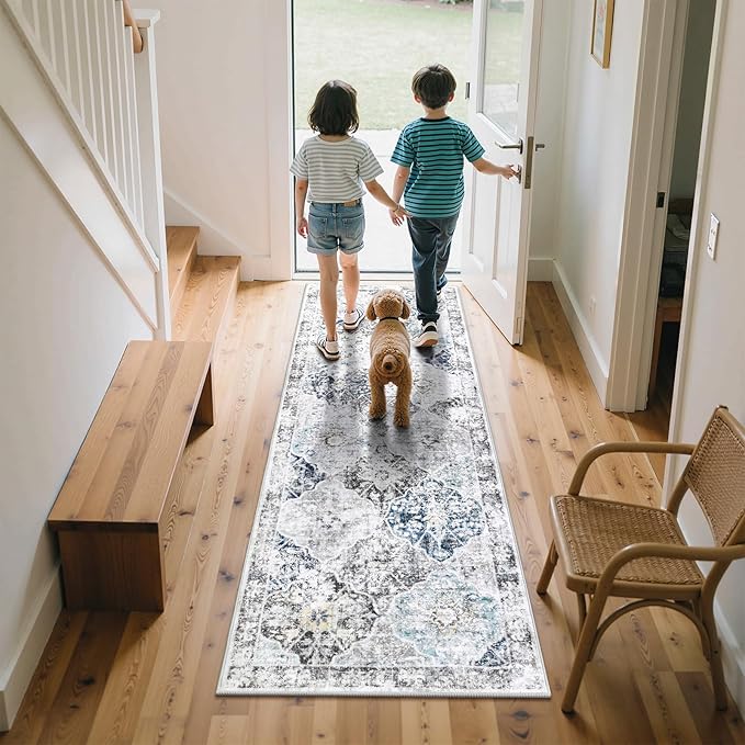 Ileading Washable Hallway Runner Rugs, 2x6 Non Slip Runners Area Rug for Entryway Kitchen Bathroom Bedroom Laundry Living Room, Long Narrow Low-Pile Floor Carpet Boho Vintage Throw Mat for Kids Room