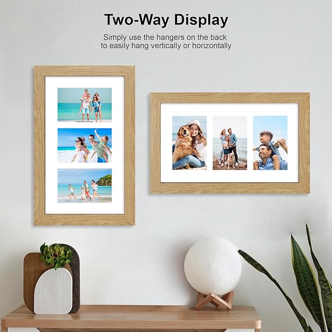 8x14 Picture Frame Set of 2, Natural Oak Wood Frame with Glass Collage Frame, Display Pictures 3-4x6 With Mat or 8 x 14 Without Mat - Horizontal or Vertical Wall Mounting