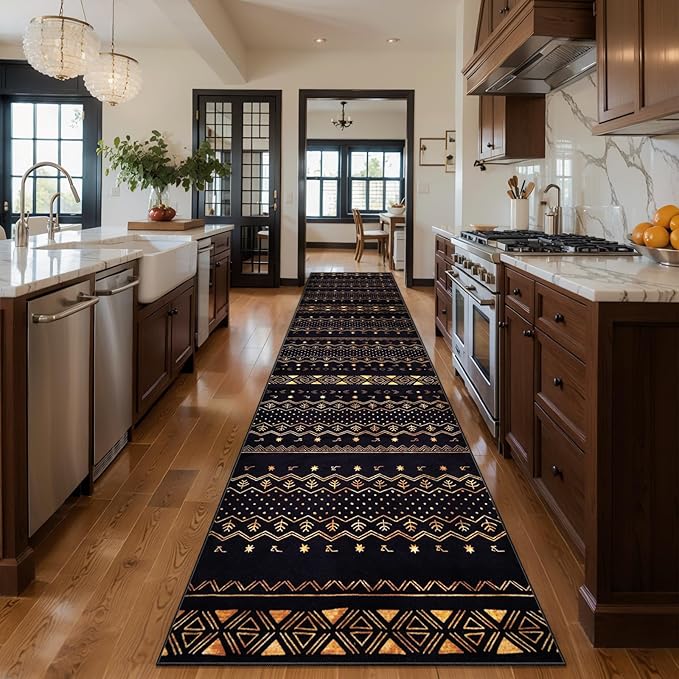 SERISSA Hallway Runner Rug, 2x10 Washable Non-Slip Black and Gold Boho Rug, Soft Low-Pile Geometric Indoor Long Carpet for Kitchen Laundry Room Bathroom Bedroom Entryway Stair