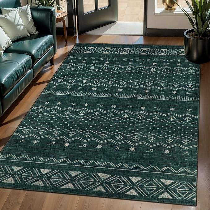 SERISSA 3x5 Area Rugs for Living Room, Washable Non-Slip Dark Green Small Boho Rug, Soft Low-Pile Geometric Indoor Throw Carpet for Bedroom Kitchen Dining Room Office