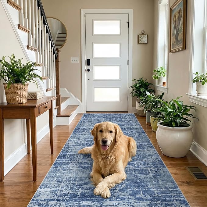 3x7 Washable Kitchen Runner Rug - Modern Abstract Neutral Carpet with Non-Slip Backing Low-Pile Stain-Resistant Thin Runners for Hallway Bathroom Bedroom Entryway (3x7, Blue)