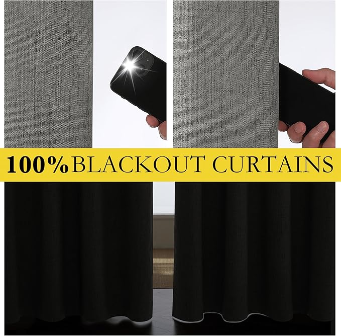 NICETOWN Grizzle Gray Vintage Linen 100% Blackout Curtains for Living Room, Thermal Insulated Curtains 90" Long, Noise Reducing Window Treatment Drapes for Hall Room, 42" Wide Per Panel, Set of 2