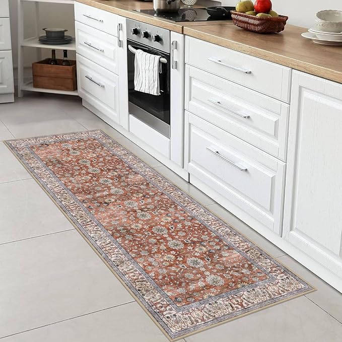 KUTA Runners for Hallways 2x6, Vintage Floral Rug Non-Slip Washable Kitchen Rugs Red Clay Ultra Thin Soft Printed Retro Distressed Flower Carpet Entryway Rugs for Bedroom Laundry Nursery