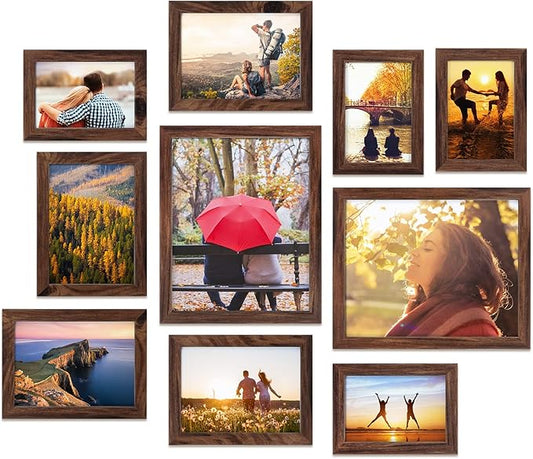 Giftgarden 10-Pack Brown Picture Frames for Multiple Sizes Photos, Four 4x6, Four 5x7, Two 8x10, Multi Assorted Rustic Walnut-Color Frame Collage for Wall or Tabletop