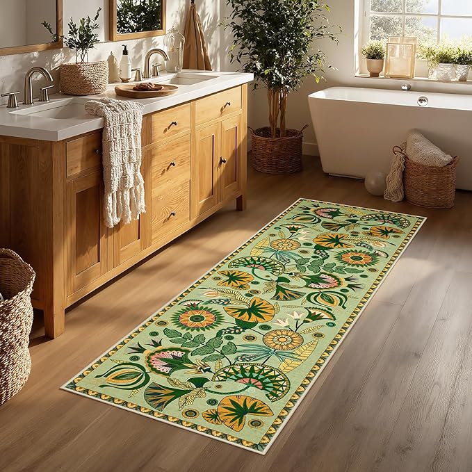 Joydeco Egypt Floral Boho 2x8 Hallway Bathroom Runner Rug, Washable Sage Green Soft Kitchen Rugs Runner Non Slip, Vintage Low Pile 8ft Long Carpet for Entrance Laundry Bath Room