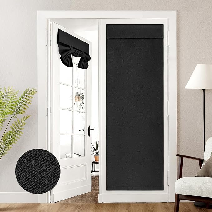 HOMEIDEAS 100% Black Linen Blackout French Door Curtains, Privacy Door Window Curtains, 26 X 72 Inch Room Darkening Blinds, Thermal Insulated Shades for Bedroom, 1 Panel