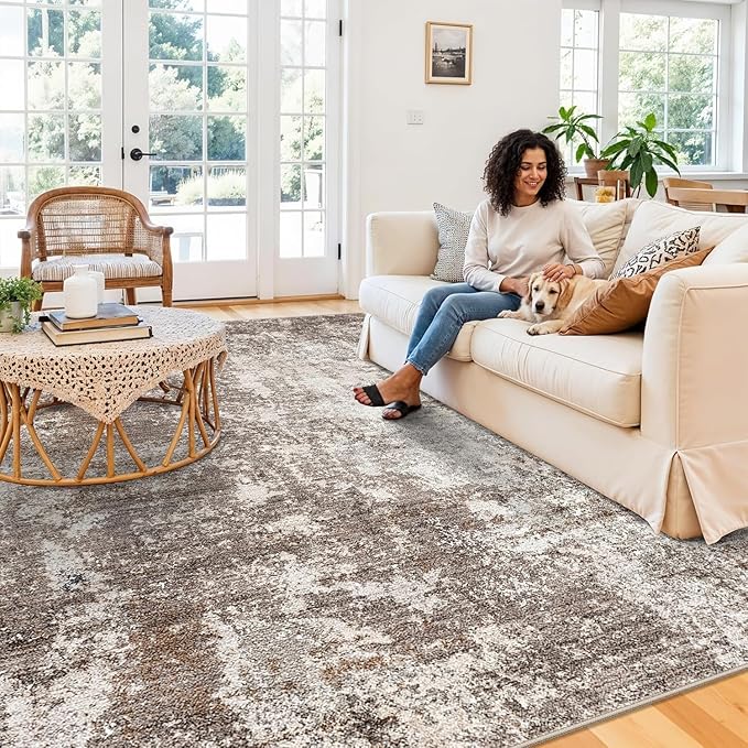 9x12 Washable Living Room Rug - Modern Abstract Neutral Soft Large Area Rugs for Bedroom Dining Room Home Office, Non-Slip Low Pile Thin Stain-Resistant Indoor Carpet (Brown Beige,9x12)