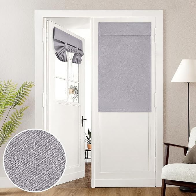 HOMEIDEAS 100% Linen Blackout French Door Curtains, Privacy Door Window Curtains, 26 X 40 Inch Room Darkening Blinds, Thermal Insulated Shades for Bedroom, 1 Panel, Light Gray