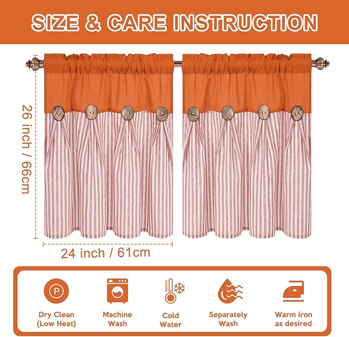 ASPMIZ Linen Kitchen Curtains 24 Inch Length, Farmhouse Boho Button Kitchen Window Curtain Over Sink, Orange Striped Short Curtains for Small Windows, Bathroom, Rod Pocket Window Treatment Tiers