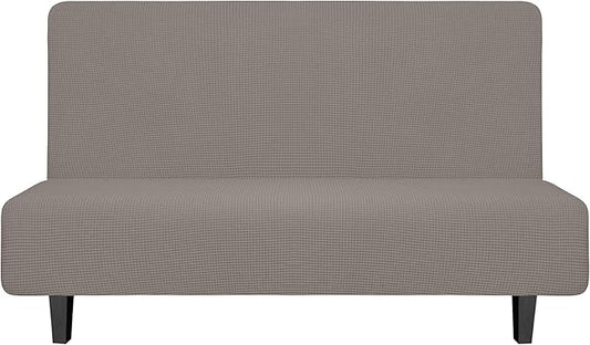 Easy-Going Stretch Futon Slipcover Armless Futon Bed Cover Furniture Protector Without Armrests with Elastic Bottom for Kids, Soft Jacquard Fabric Small Checks (Medium, Taupe)