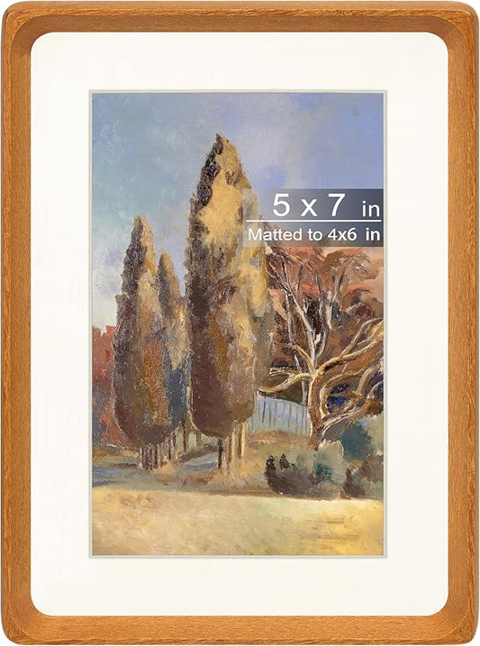 5x7 Picture Frame with Mat for 4x6, Natural Teak Wood Handcrafted Rounded Corner with Real Glass, Vertical or Horizontal Display Photo Gallery Wall & Tabletop Frame