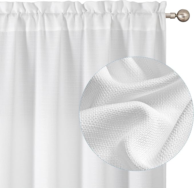 Chyhomenyc White Curtains 45 Inch Length 2 Panels, Faux Linen Textured Semi Sheer Light Filtering Soft Airy Rod Pocket Window Treatment Drapes for Living Room Bedroom, 30Wx45L Inch, 2 PCS
