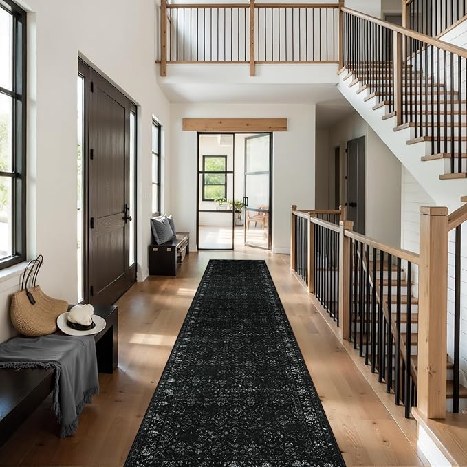 Hedlive Vintage Black Runners for Hallways 12ft, Long Washable Runner Rug for Entryway Non Slip, Ultra-Thin Soft Carpet Runners for Kitchen Indoor Entry Bedroom (2'6"x12', Black)