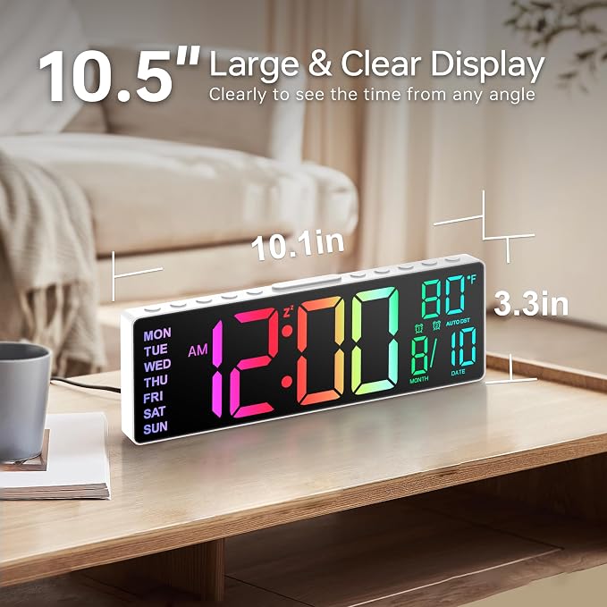 JALL 10.5'' Large Digital Alarm Clock with Big LED Number, Remote Control, RGB Colors,Timer, Dual Alarm, Temperature for Back to School Classroom, Bedroom, Living Room, Gift for Senior Student Teacher - Image 2