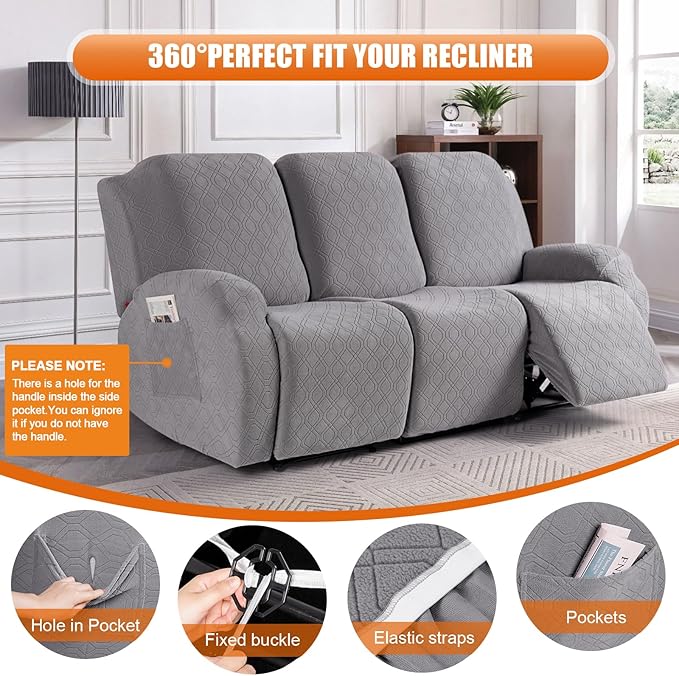 VANSOFY Recliner Cover, 3-Pieces Stretch Reclining Couch Covers with Pockets Reclining Sofa Slipcovers 3 Seater Soft Washable Furniture Protector for Dogs Cats(Light Gray)