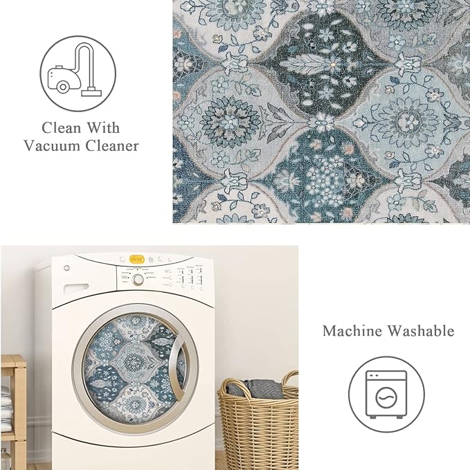 Lahome Moroccan Trellis Washable Area Rug, 5x7 Rugs for Living Room Bedroom, Indoor Non-Slip Oriental Accent Throw Large Carpet for Kitchen Entryway Bathroom Office Elise, Blue