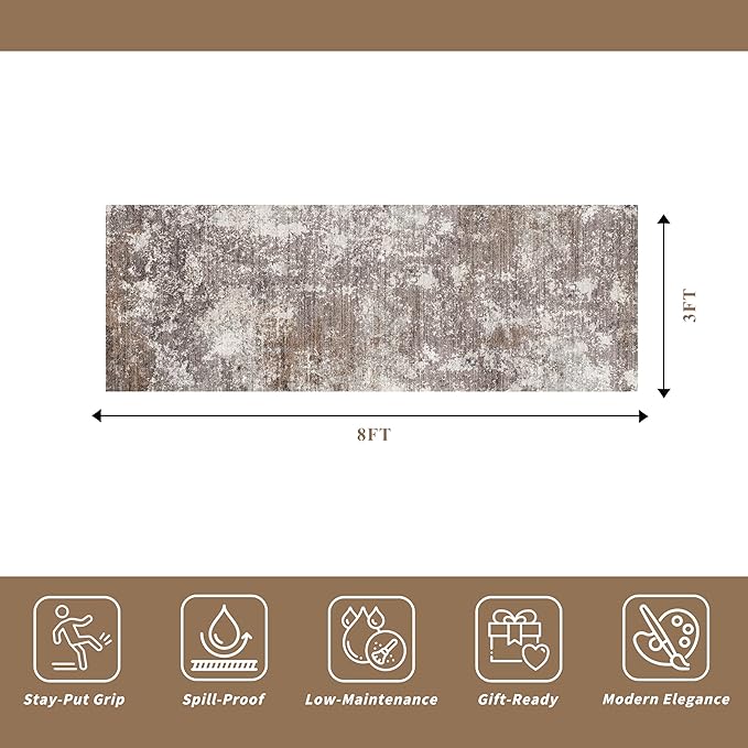 3x8 Non-Slip Washable Hallway Runner Rug – Abstract Modern Neutral Wide Carpet Runner for Kitchen, Entryway, Bedroom, Living Room with Rubber Backing – Low-Pile Thin Soft Throw Rug (Brown Beige,3x8)